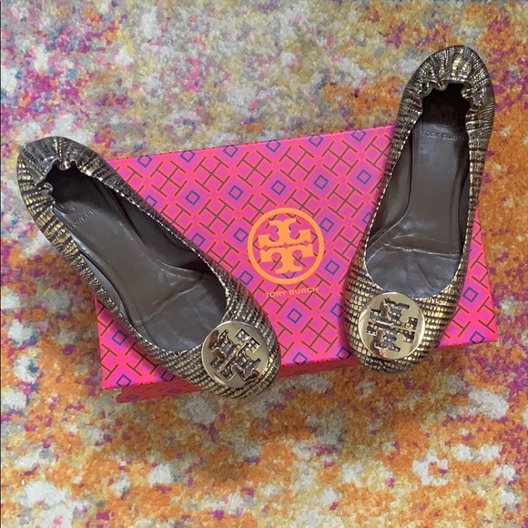 Tory Burch Shoes - Tory Burch Black and Gold Snake Print Reva Flats